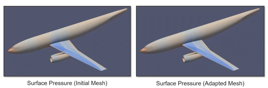 Surface pressure from initial mesh (left) and adapted mesh (right)